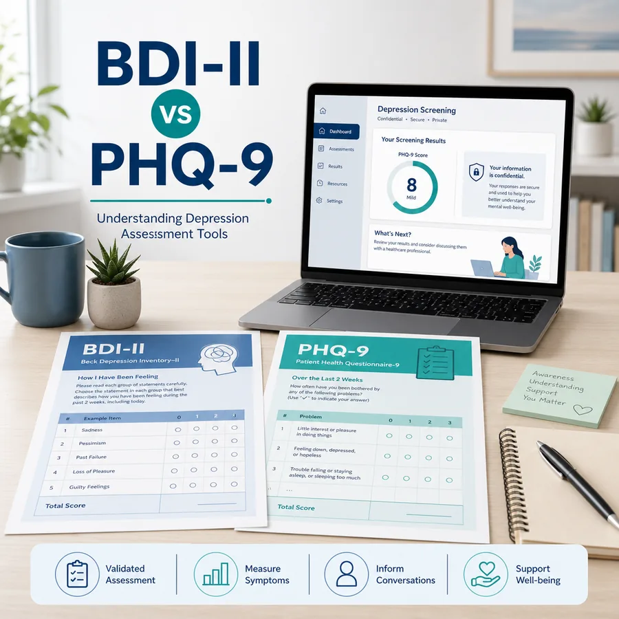 BDI-II and PHQ-9 depression screening tools compared on a desk with online score dashboard
