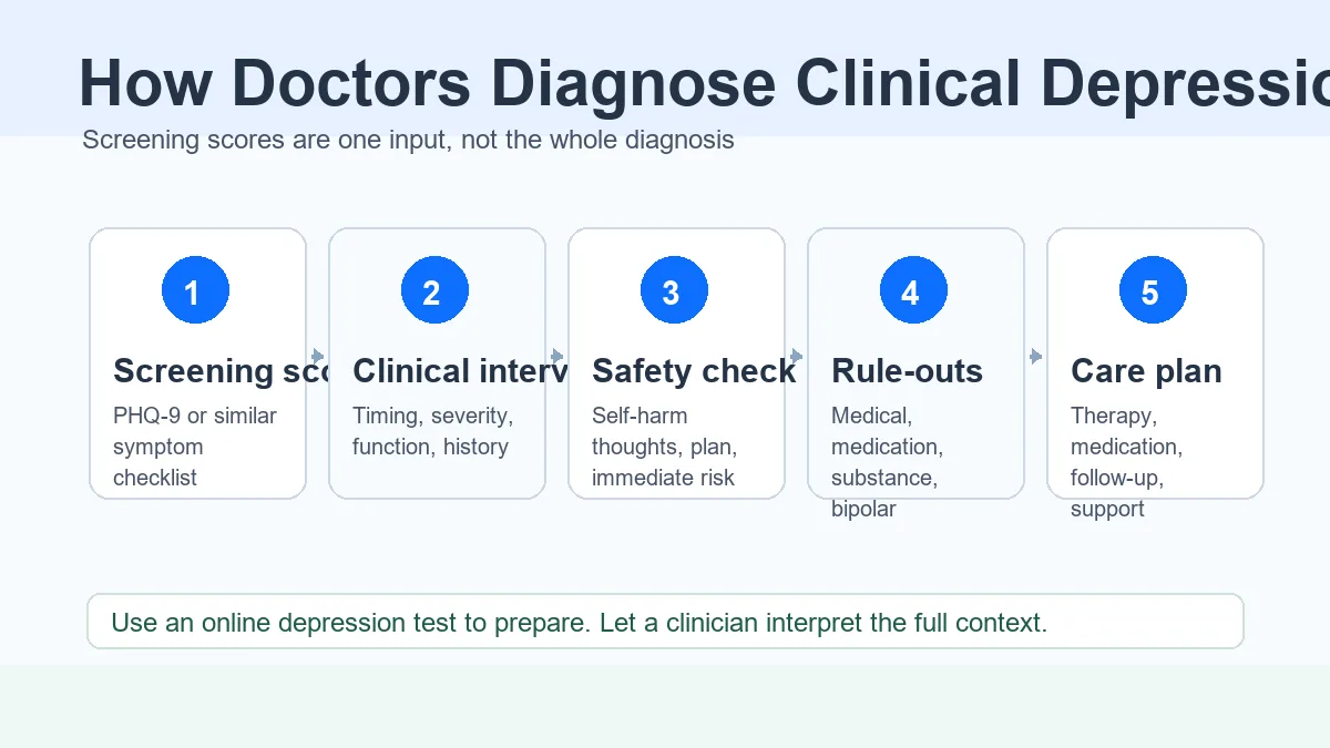 Clinical depression diagnosis workflow from screening test to professional evaluation